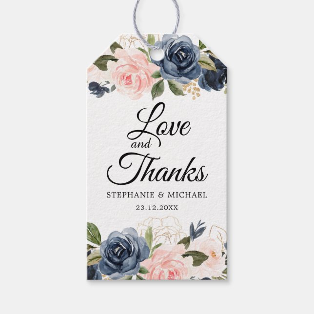 Étiquettes-cadeau Bleu marine rose botanique rose blush (Devant)