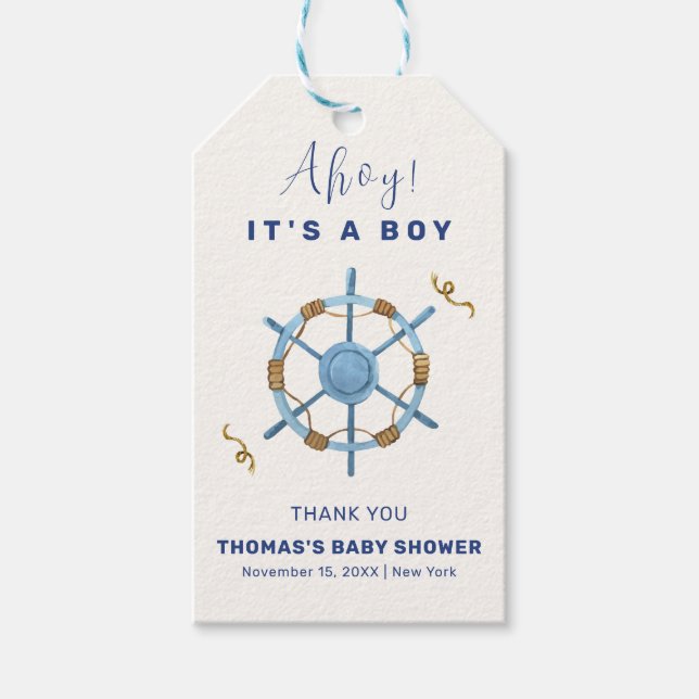 Étiquettes-cadeau Bleu moderne Ahoy Nautical Boy Baby shower (Devant)