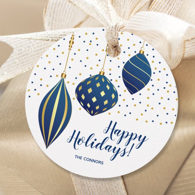 Étiquettes Cadeau Bleu or ornements de Noël Dots Vacances ROND (Créateur téléchargé)