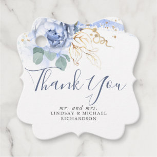 Étiquettes Cadeau Bleu Poussiéreux Floral Vert Doré Merci