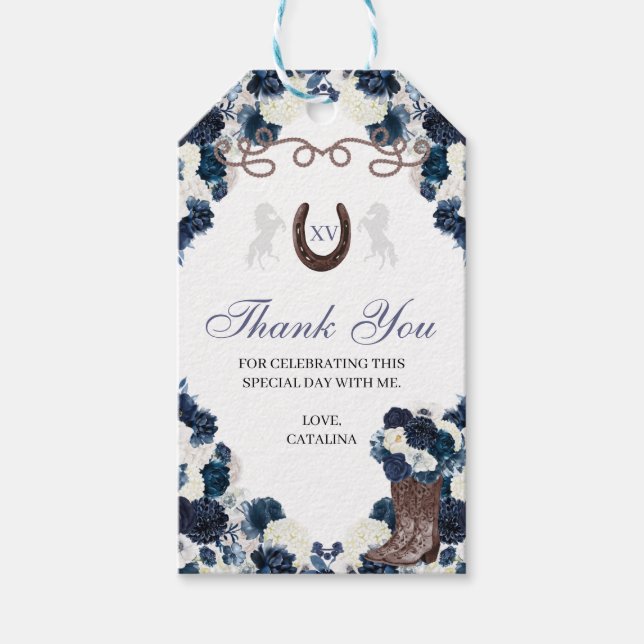 Étiquettes-cadeau Bleu Ranchero Quinceanera de la marine occidentale (Devant)