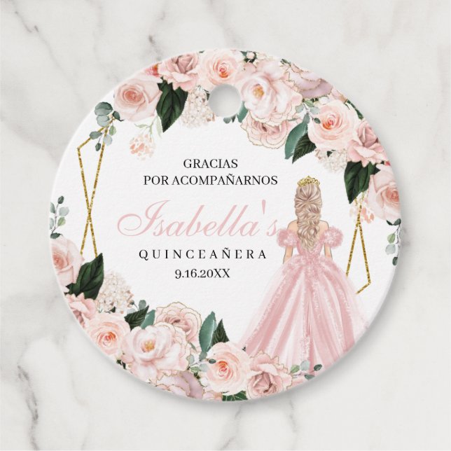 Étiquettes Cadeau Bleu rose Floral Quinceanera Cercle Favoriser les  (Devant)
