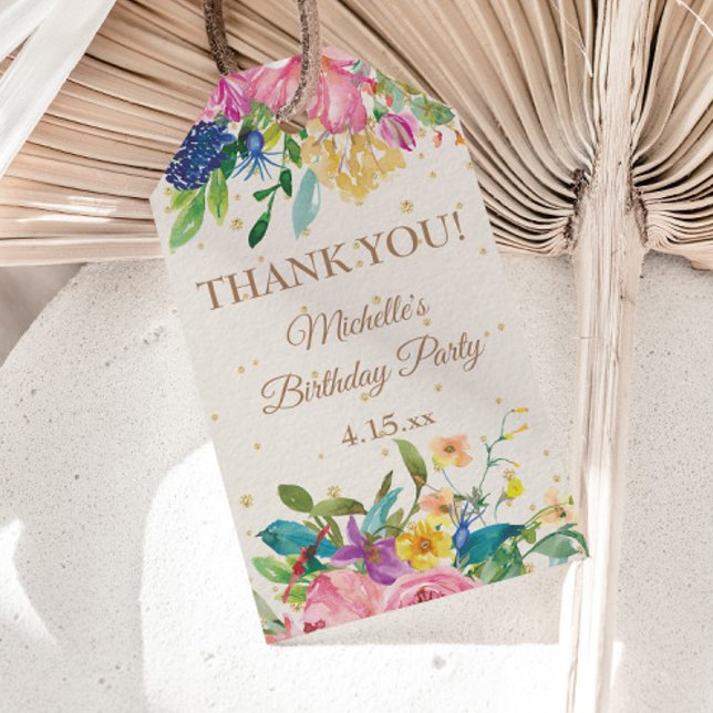 Étiquettes-cadeau Bleu rose jaune Floral Merci d'anniversaire (Pink and blue watercolor floral birthday party "Thank you" gift tag)