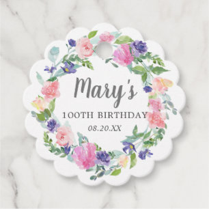 Étiquettes Cadeau Bleu rose pourpre Floral 100e anniversaire