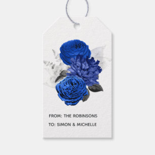 Étiquettes-cadeau Bleu Royal et Fleurs Argentées