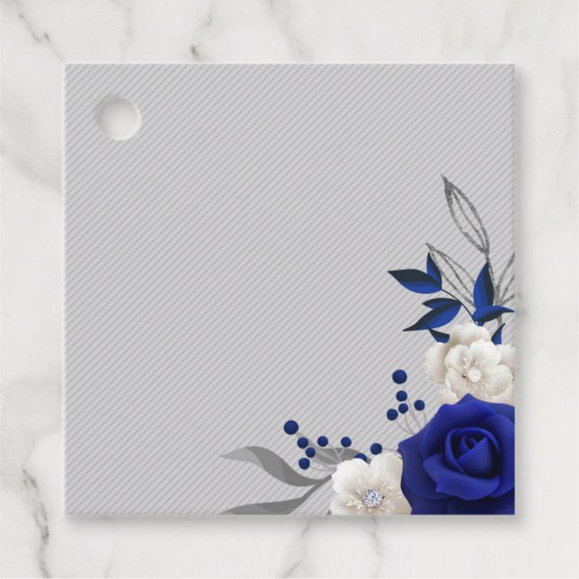 Étiquettes Cadeau bleu royal fleurs blanches argent feuilles préféré (Devant)