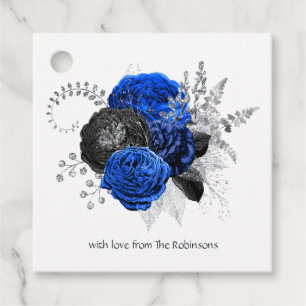 Étiquettes Cadeau Bleu Royal, Noir et Floral Argent