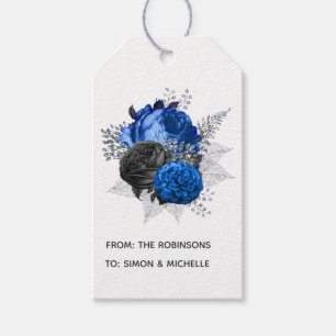 Étiquettes-cadeau Bleu Royal, Noir et Floral Argent