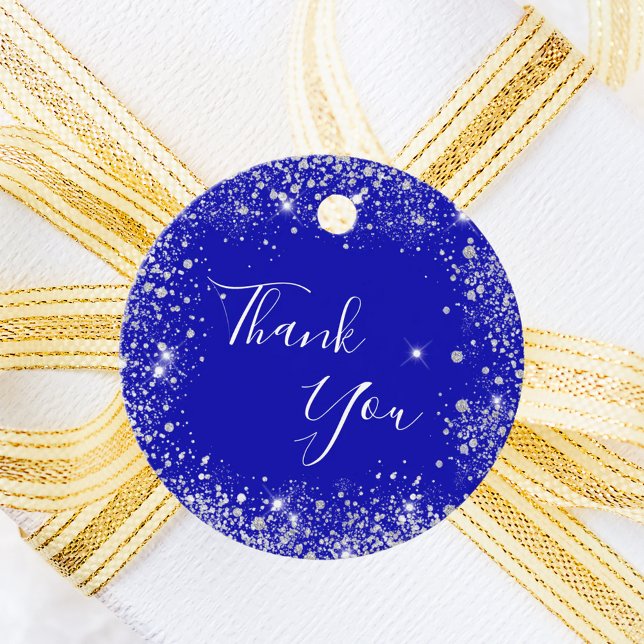 Étiquettes Cadeau Bleu royal paillettes d'argent remerciement monogr (Créateur téléchargé)