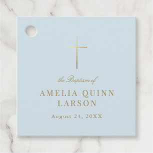 Étiquettes Cadeau Bleu Simple Elegant Croix Or Baptême Christening