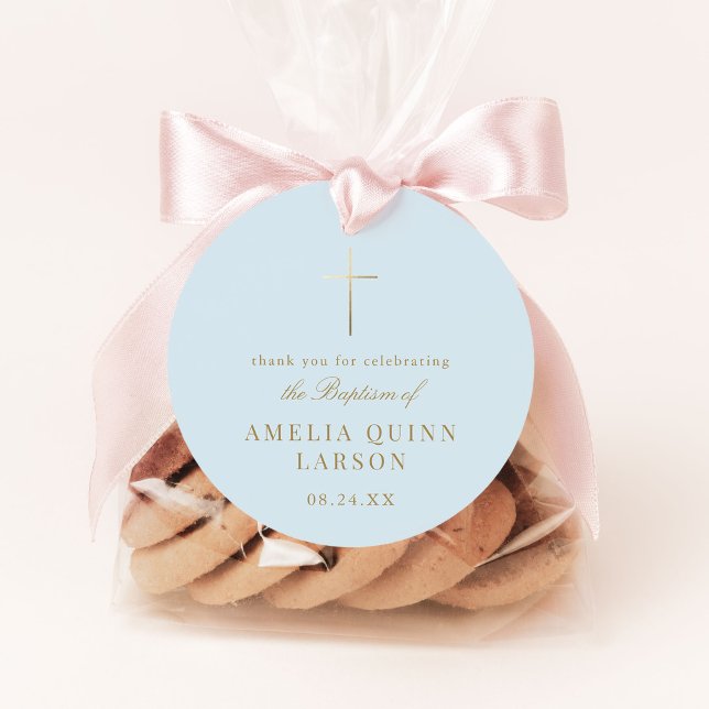 Étiquettes Cadeau Bleu Simple Elegant Croix Or Baptême Christening (Créateur téléchargé)