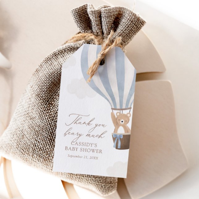 Étiquettes-cadeau Bleu Teddy Bear Baby shower à air chaud (Créateur téléchargé)