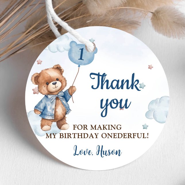 Étiquettes Cadeau Bleu Teddy Bear Balloon 1er anniversaire (Créateur téléchargé)