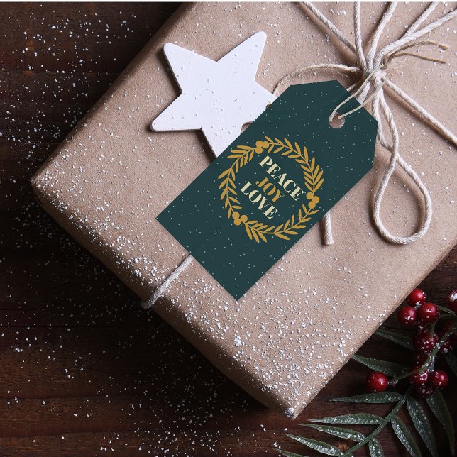 Étiquettes-cadeau Bleu-Vert, Joie, Amour Gold Noël Wreath (Créateur téléchargé)