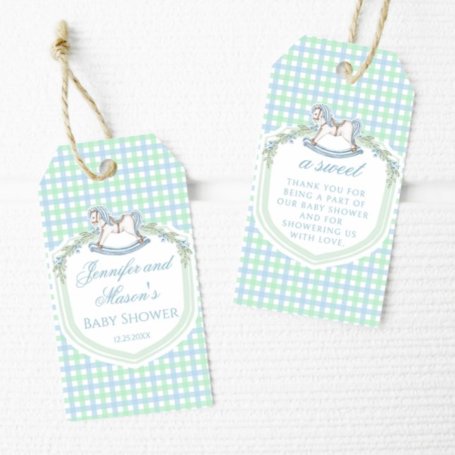 Étiquettes-cadeau Bleu vert rocking cheval bébé garçon douche merci (Créateur téléchargé)