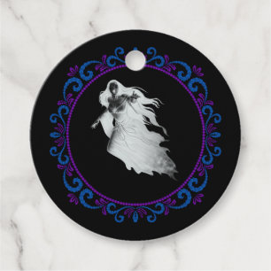 Étiquettes Cadeau Bleu Violet Dame En Fantôme Halloween Blanc