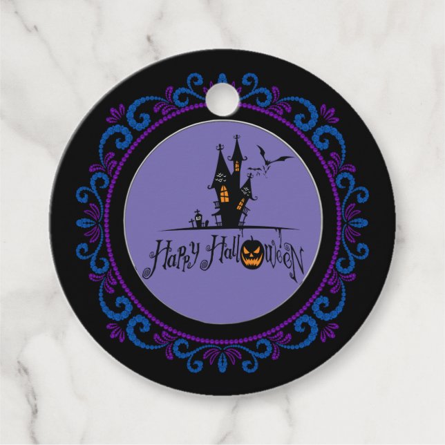 Étiquettes Cadeau Bleu violet Joyeux Halloween Maison hantée (Devant)