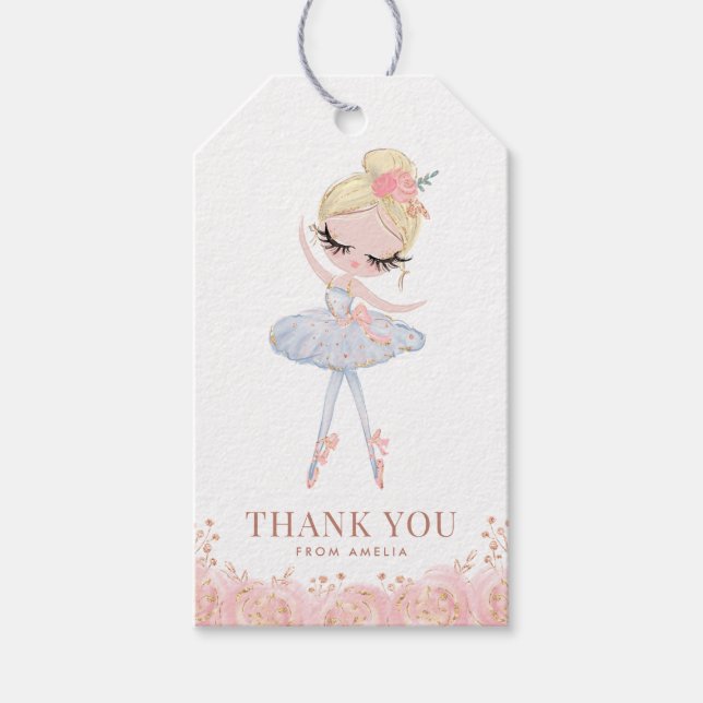 Étiquettes-cadeau Blonde Girl Ballerina en robe blanche Anniversaire (Devant)