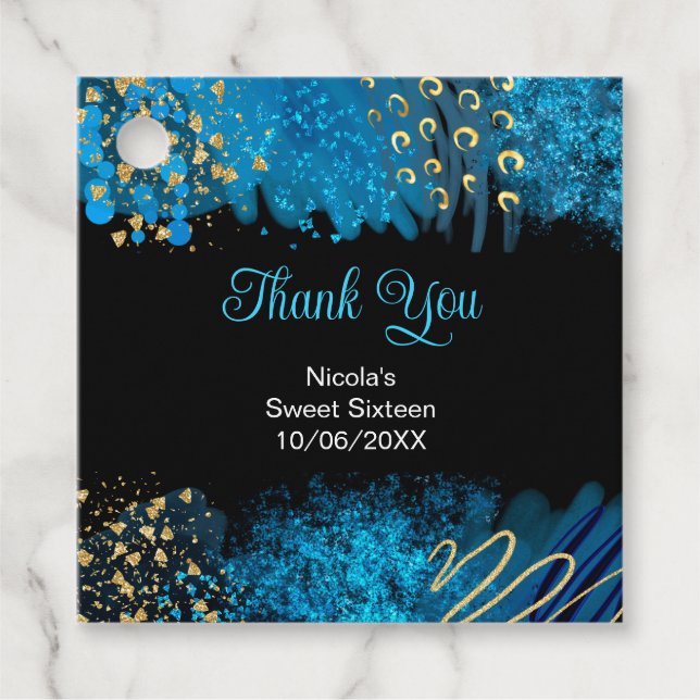 Étiquettes Cadeau Blue Alcohol Ink Sweet 16 Birthday Party (Devant)