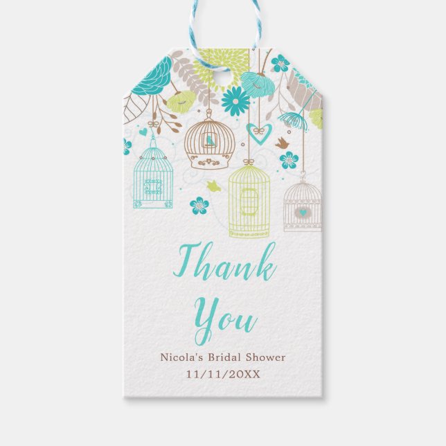 Étiquettes-cadeau Blue and Green Floral Bird Cages Bridal Shower (Devant)