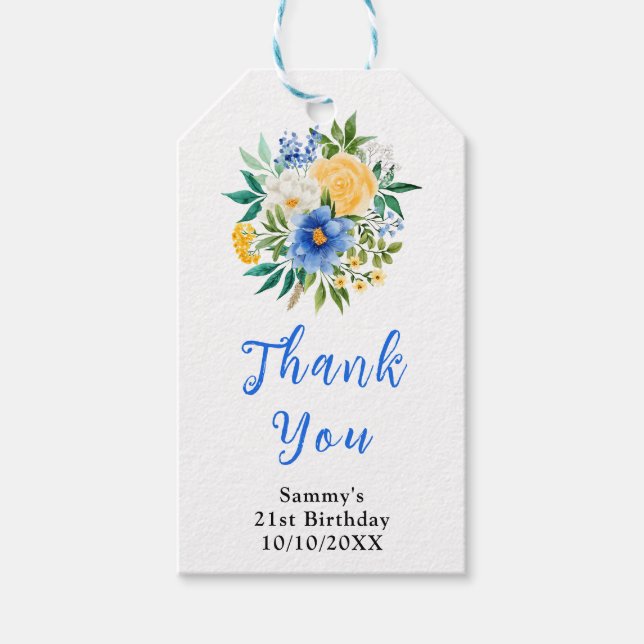 Étiquettes-cadeau Blue and Yellow Floral Birthday Party Thank You (Devant)