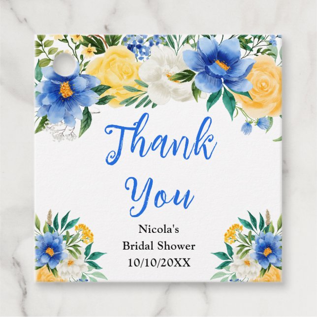 Étiquettes Cadeau Blue and Yellow Floral Bridal Shower Thank You (Devant)