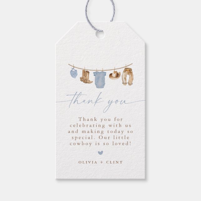 Étiquettes-cadeau Blue Baby Clothesline Little Cowboy Baby Shower (Devant)