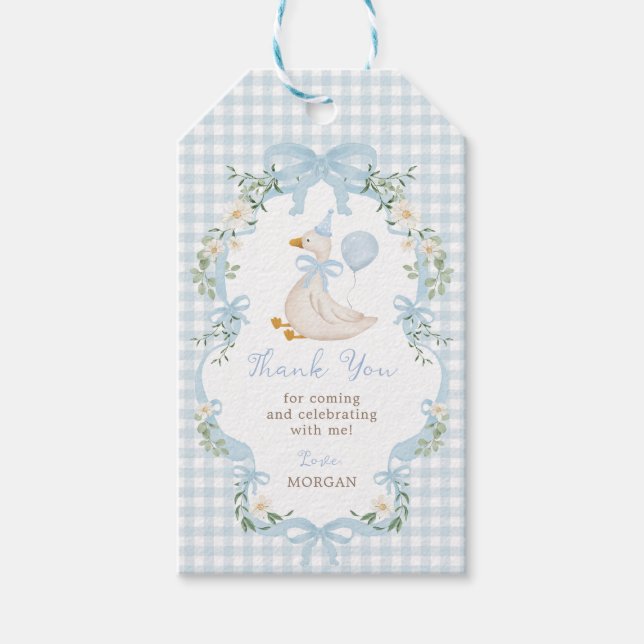 Étiquettes-cadeau Blue Bow One Silly Goose Birthday Thank You (Devant)