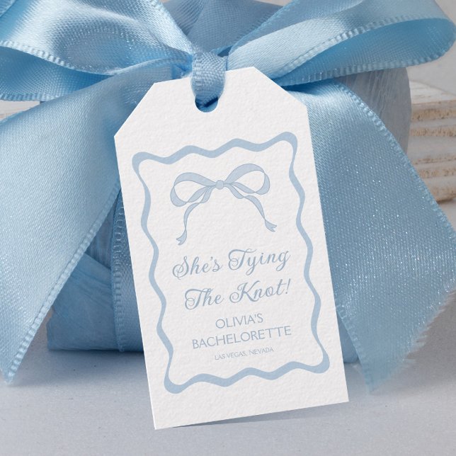Étiquettes-cadeau Blue Bow She's Tying the Knot Bachelorette Party (Créateur téléchargé)