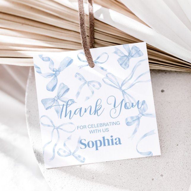 Étiquettes Cadeau Blue Bow Sweet 16e Carré de fête d'anniversaire (Coquette Blue Bow Sweet Sixteen Birthday Party Favor Tags)