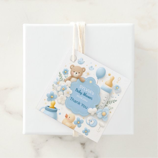 Étiquettes Cadeau Blue Bundle Joy : Teddy Bear Baby Boy Douche (En situation)
