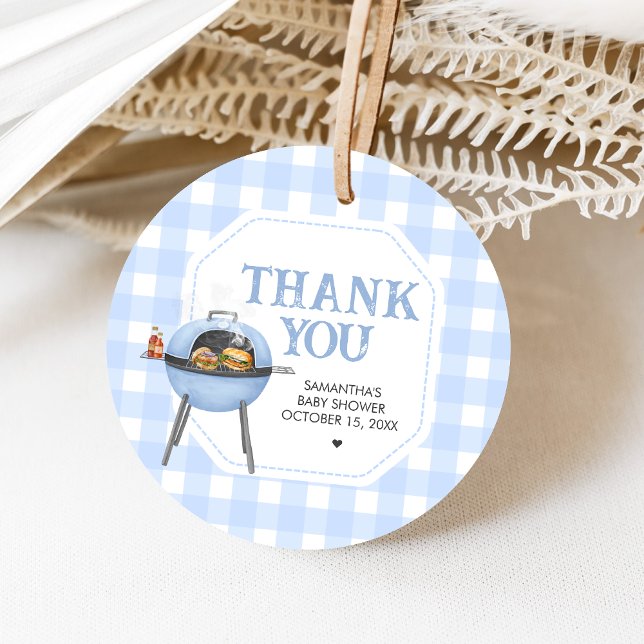 Étiquettes Cadeau Blue Burger BBQ Baby Shower (Bun and Burgers Baby Shower Favor Tags)