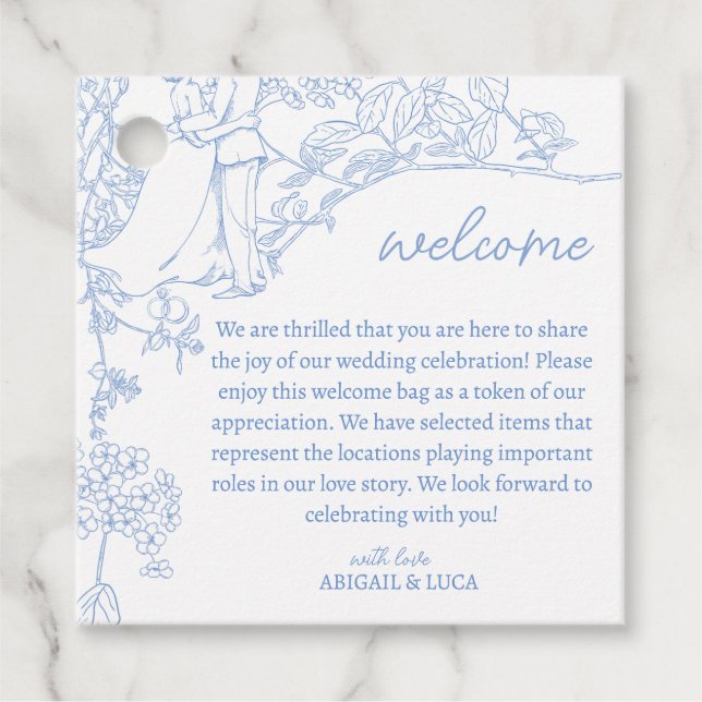 Étiquettes Cadeau Blue Chinoiserie Toile de Jouy Mariage Bienvenue (Devant)