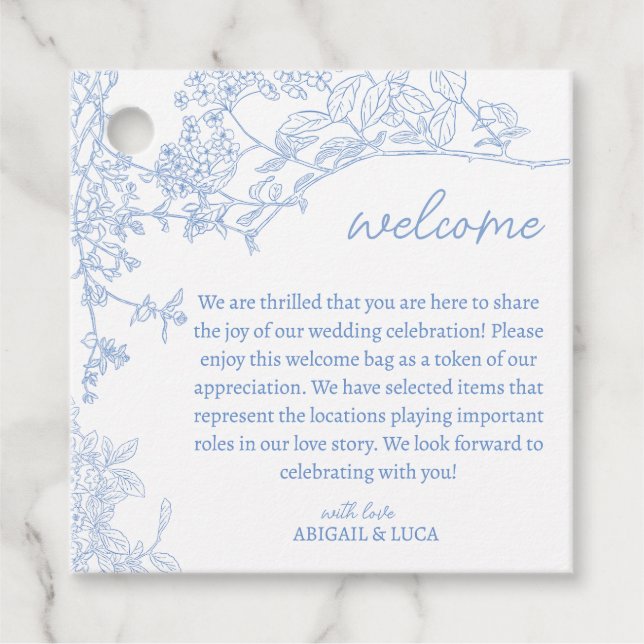 Étiquettes Cadeau Blue Chinoiserie Toile de Jouy Mariage Bienvenue (Devant)