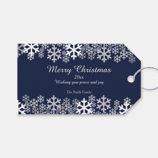 Étiquettes-cadeau Blue Christmas Snowflakes Motifs salutations (Devant (Horizontal))