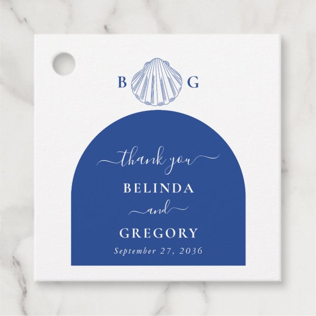 Étiquettes Cadeau Blue Clam Seashells Coastal Seaside Beach Wedding (Devant)