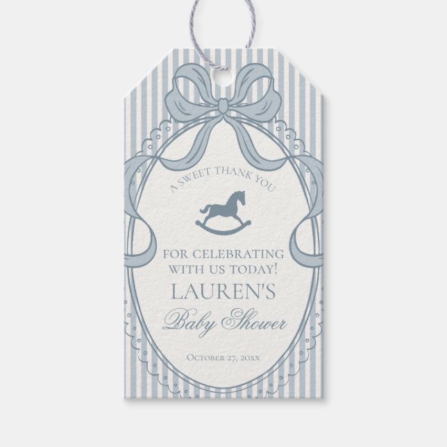 Étiquettes-cadeau Blue Coquette Bow Rocking Horse Baby Shower Favors (Devant)