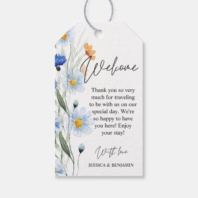 Étiquettes-cadeau Blue Daisies Floral Mariage Bienvenue (Devant)