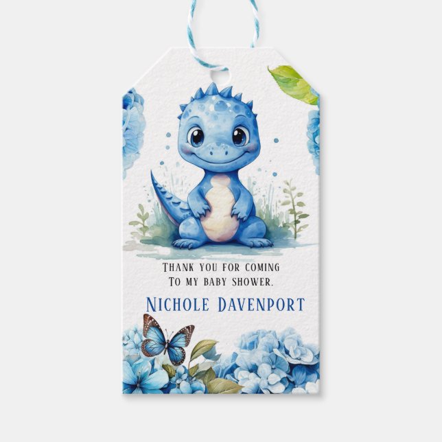 Étiquettes-cadeau Blue Dinosaur Florals Boy Baby shower Merci (Devant)