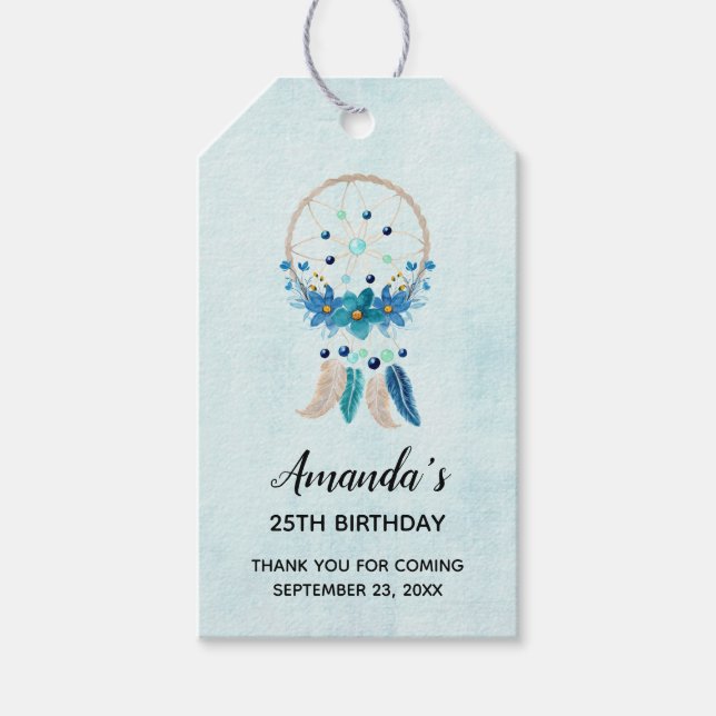Étiquettes-cadeau Blue Dreamcatcher Design Boho élégant Anniversaire (Devant)