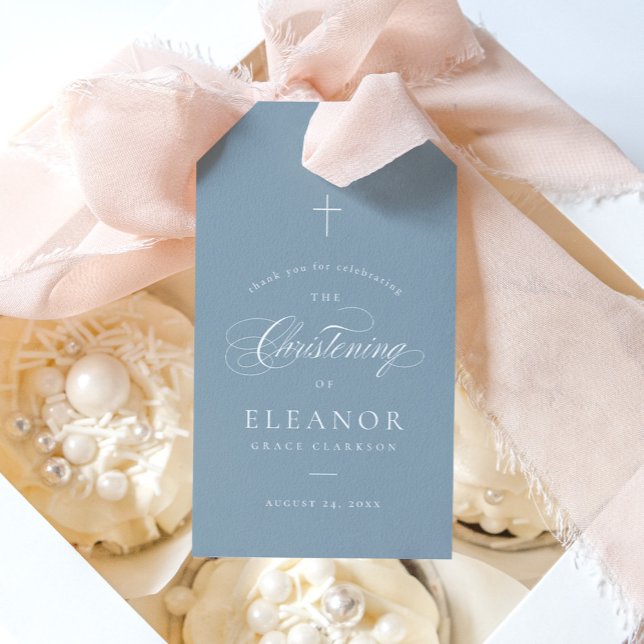 Étiquettes-cadeau Blue Elegant Calligraphie Christening Favoriser (Créateur téléchargé)