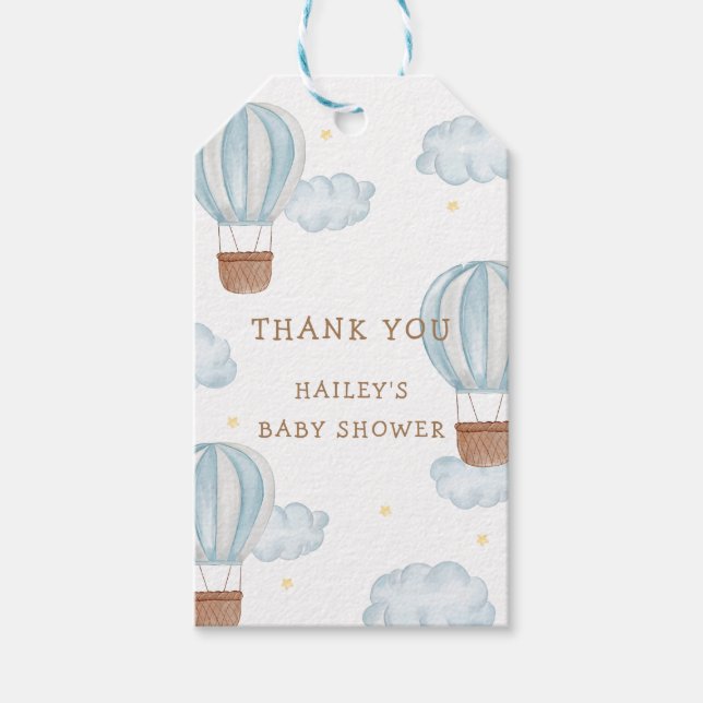 Étiquettes-cadeau Blue Elegant Hot Air Balloon Cloud Baby shower gar (Devant)