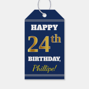 Étiquettes-cadeau Blue, Faux Gold 24e anniversaire + Nom personnalis