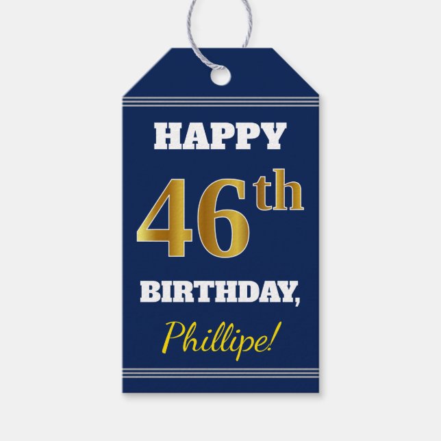Étiquettes-cadeau Blue, Faux Gold 46e anniversaire + Nom personnalis (Devant)