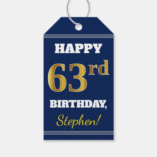 Étiquettes-cadeau Blue, Faux Gold 63e anniversaire + Nom personnalis (Devant)