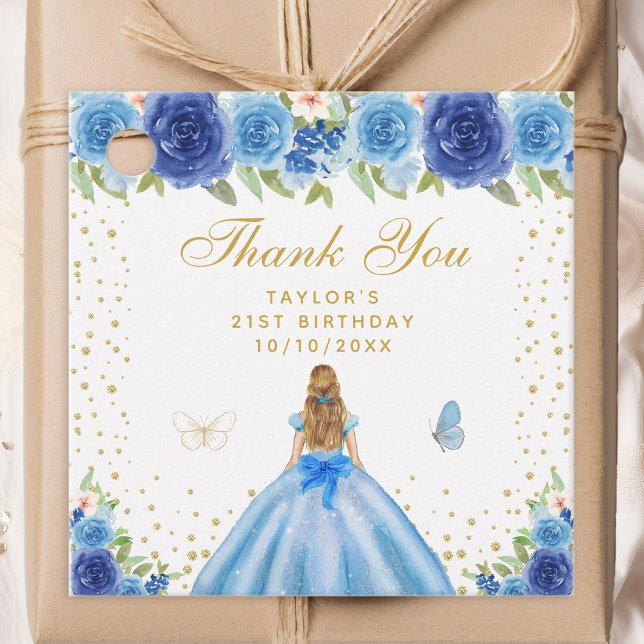 Étiquettes Cadeau Blue Floral Blonde Hair Princess Anniversaire (Créateur téléchargé)