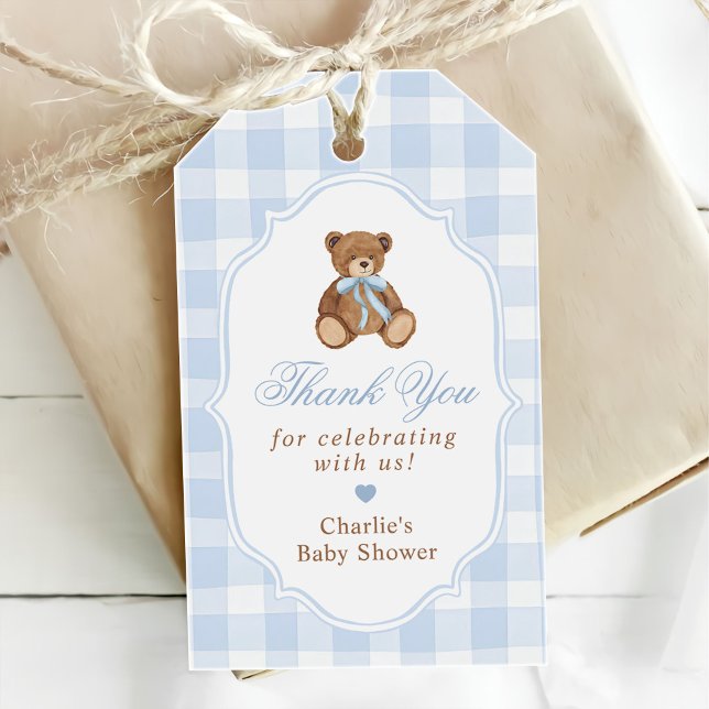 Étiquettes-cadeau Blue Gingham Elegant Teddy Bear Baby Shower (Créateur téléchargé)