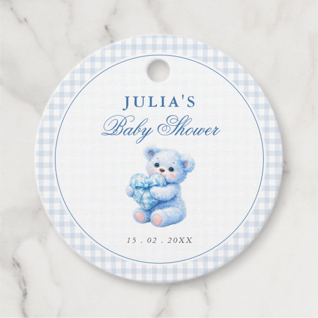 Étiquettes Cadeau Blue Gingham Teddy Bear Neutral Baby Shower (Devant)