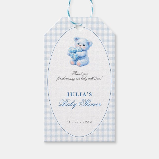 Étiquettes-cadeau Blue Gingham Teddy Bear Neutral Baby Shower (Devant)