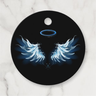 Étiquettes Cadeau Blue Glowing Angel Wings on black background